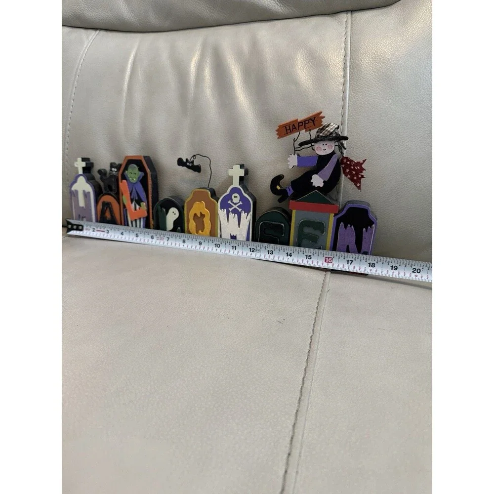 VTG Happy Halloween Letter Block Shelf Decor Witch Ghost Vampire Bats